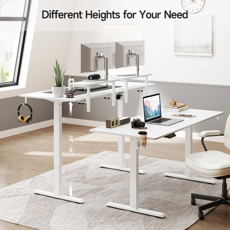 White Electric Standing Desk with Dual Adjustable Monitor Shelves
