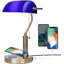 Bankers Lamp with2 USB and Wireless Charging Port，Pull Chain Switch Cobalt Blue Glass Desk Lamp， E26 Base,Traditional Library Desk Lamps for Home Office,Bedroom,Piano(bulb not included)