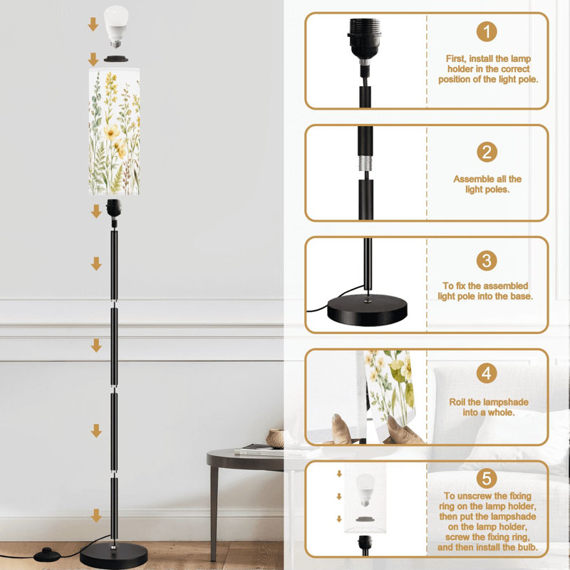 Lampe sur pied à bordure horizontale sans soudure à motif floral abstrait avec fleurs jaunes et feuilles vertes