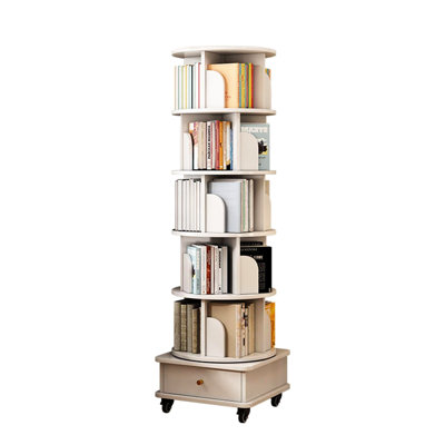 360° Display 6 Tier Spinning Bookshelf With Wheels, Drawer, And Stable Base, Space, Warm White For Bedroom, Living Room, Study - Large Storage Space R