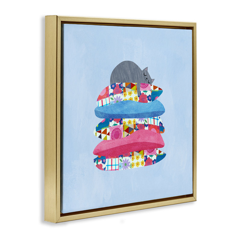 Cadre flottant Cozy Sleeping Cat sur coussins, design par Angie Rozelaar, H 25 po x l 25 po, Cadre flottant métallique doré