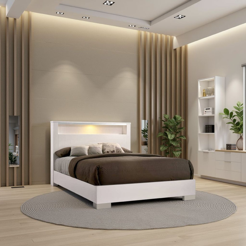 Queen Size Bed With Open Shelf, White