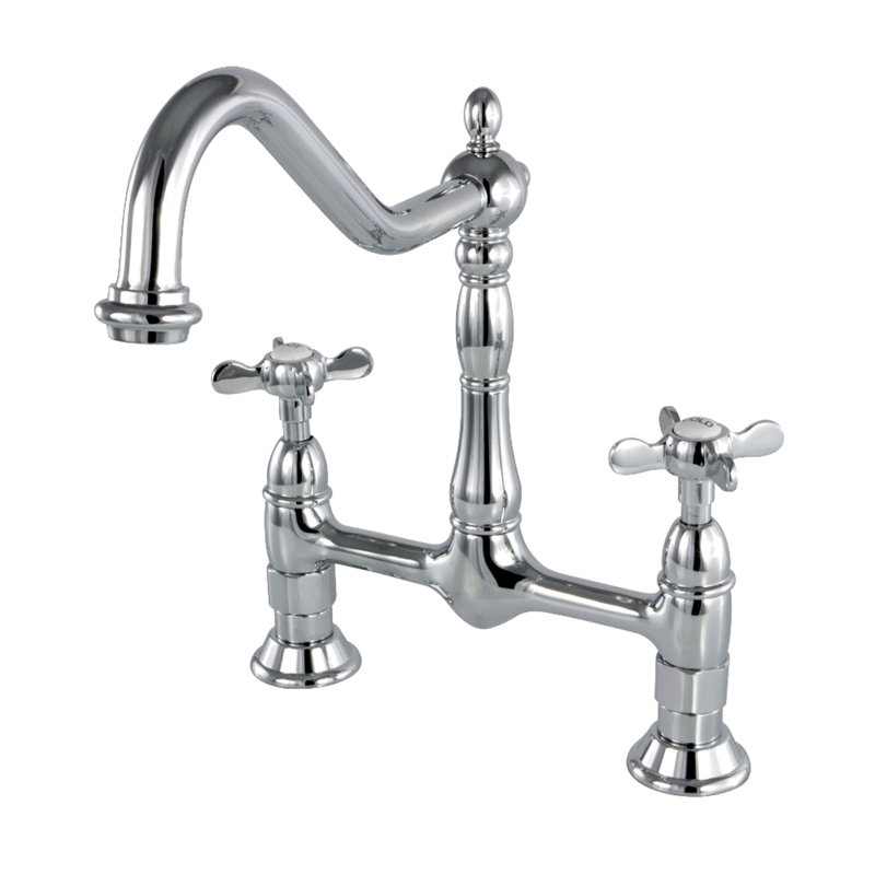 Kingston Brass Bel-Air Two-Handle 4-Hole Deck Mount Bridge Kitchen Faucet with Brass Side Sprayer, Polished Chrome, Cross