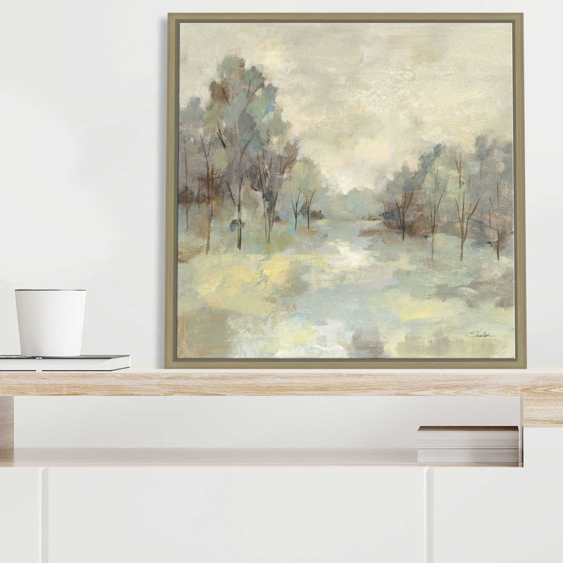 «Scenic Treescape» par Silvia Vassileva - Peinture, L 21,5 po x H 21,5 po, Encadrement brun