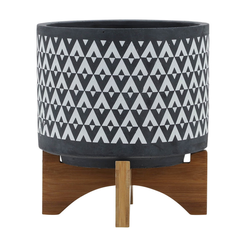 Pot à fleurs en céramique de 8 po sur support en bois, gris - convient à la chambre à coucher, au jardin, à la piscine, au pot de qualité avec support pour plantes