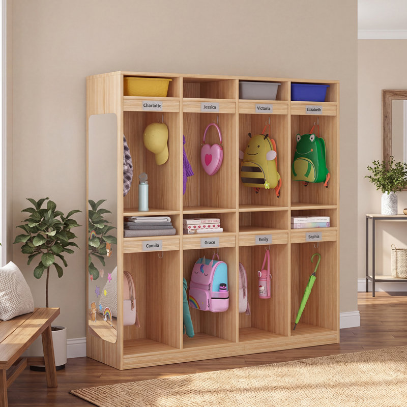 Vestiaire à 8 compartiments avec 8 casiers, casiers pour garderie avec 16 crochets et miroir acrylique, casiers pour maternelle, maison, école, garderie