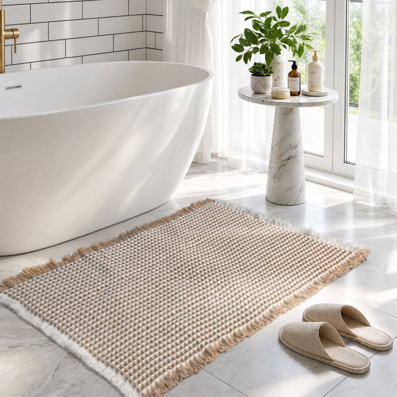 Tapis de bain Boho Waffle Weave, Simple - L 32 po x l 20 po, Beige / Blanc