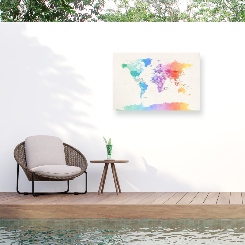 Carte du monde politique à l'aquarelle bolognaise, H 22 po x l 32 po