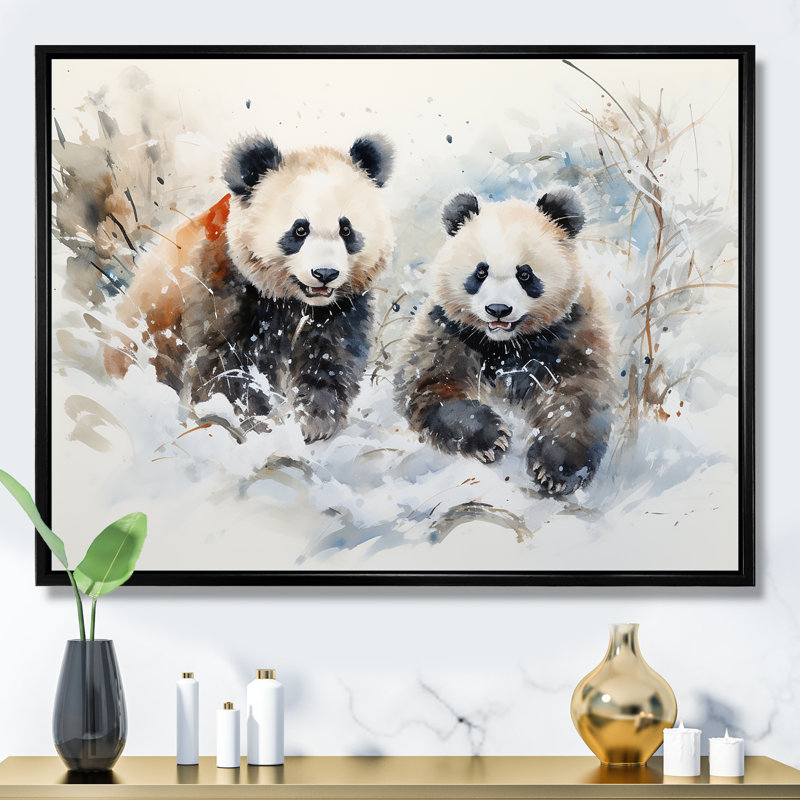 Panda jouant dans un paysage d'hiver - Ours 2, art mural, Cadre flottant noir, H 16 po x l 32 po x P 1 po