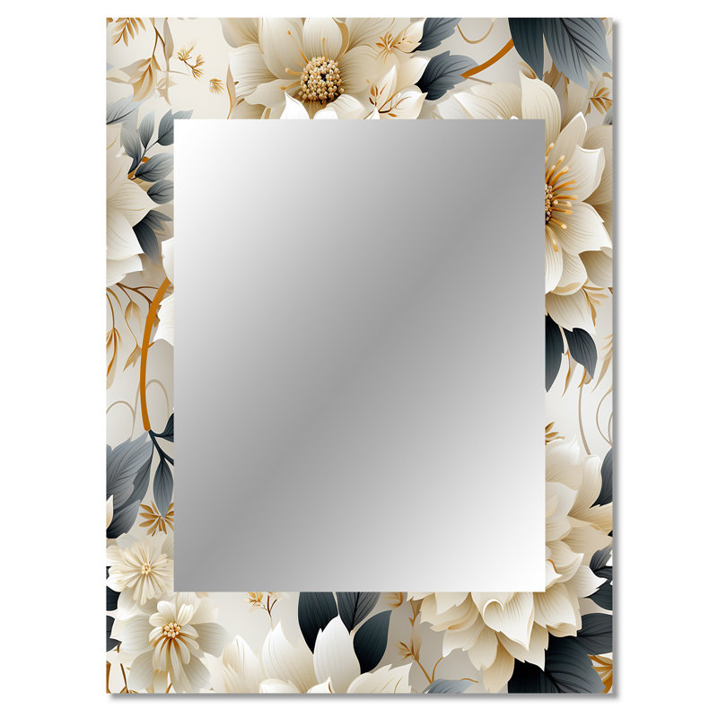 White And Gold Chrysanthemum Mandalas - Floral Unique Mirror, Floral Large Wall Mirror, Printed Metal Art, 40" x 30"