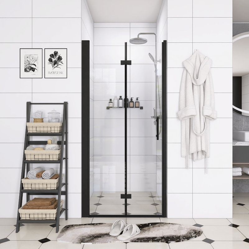 Porte de douche pliante en aluminium noir 36 po