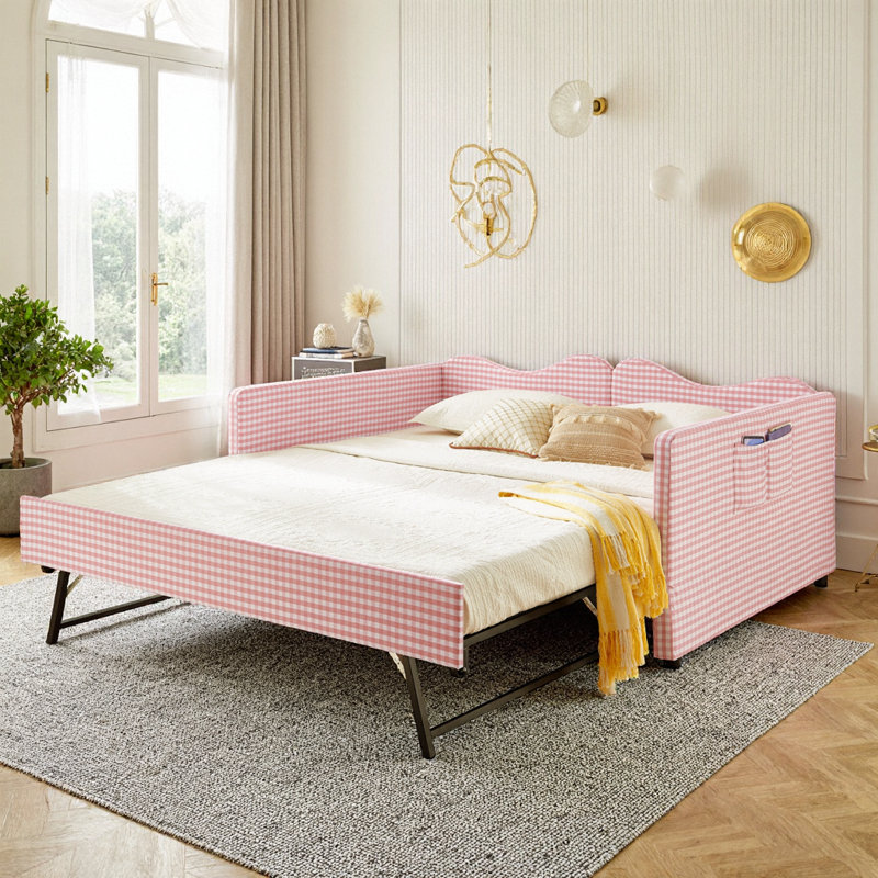 Lit de jour rembourré avec couchette Harper, poche de rangement latérale Harper, Full, Pink