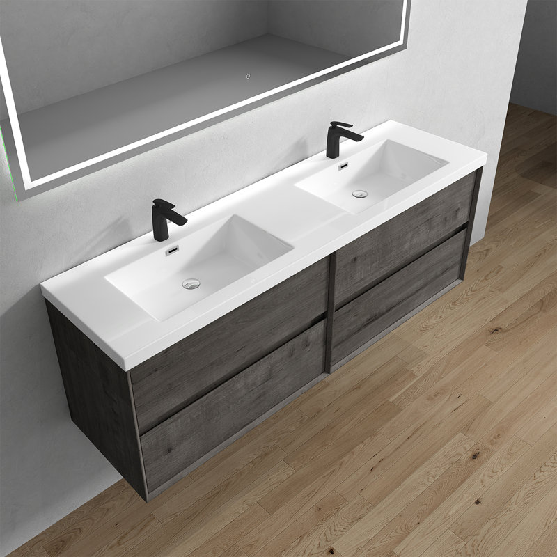Ensemble de meuble-lavabo double mural 59 po Seavy, Chêne fumé