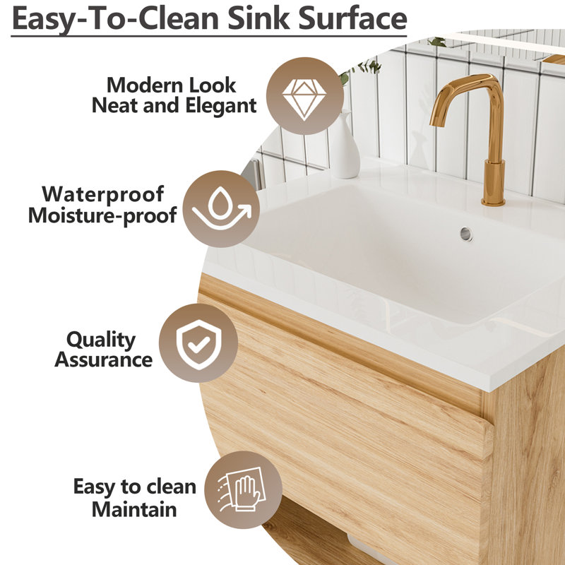 Valdren 24" Floating Bathroom Vanity with Open Shelf & Integrated Basin, Oak, 24"
