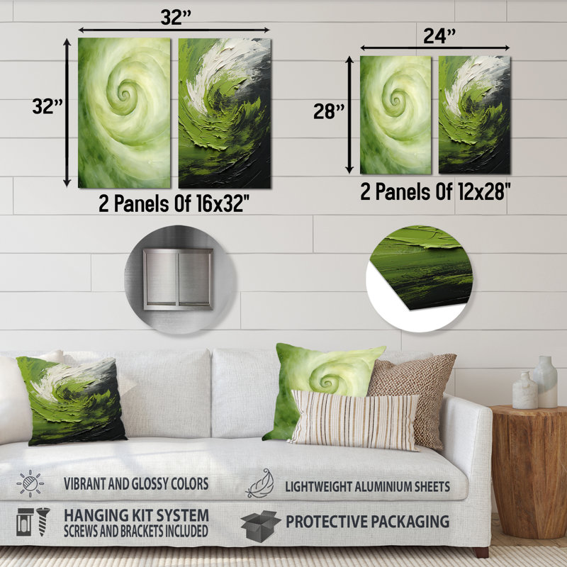 Green Serene Spiral Dreams - Abstract Spirals Metal Wall Art Set Of 2, 32" H x 32" W