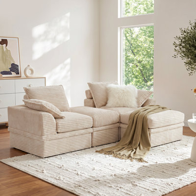 Canapé modulaire en U de 71 po avec rangement, canapé modulaire en forme de nuage avec soutien haut du dossier, causeuse à 2 places avec repose-pieds mobile, canapé en velours côtelé à assise profonde, sans assemblage, beige