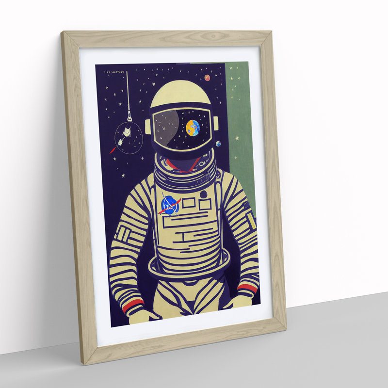 Retro Astronaut No.2 1 Piece Single Picture Frame Wall Art, 64cm H x 46cm W x 2cm D, Oak Framed