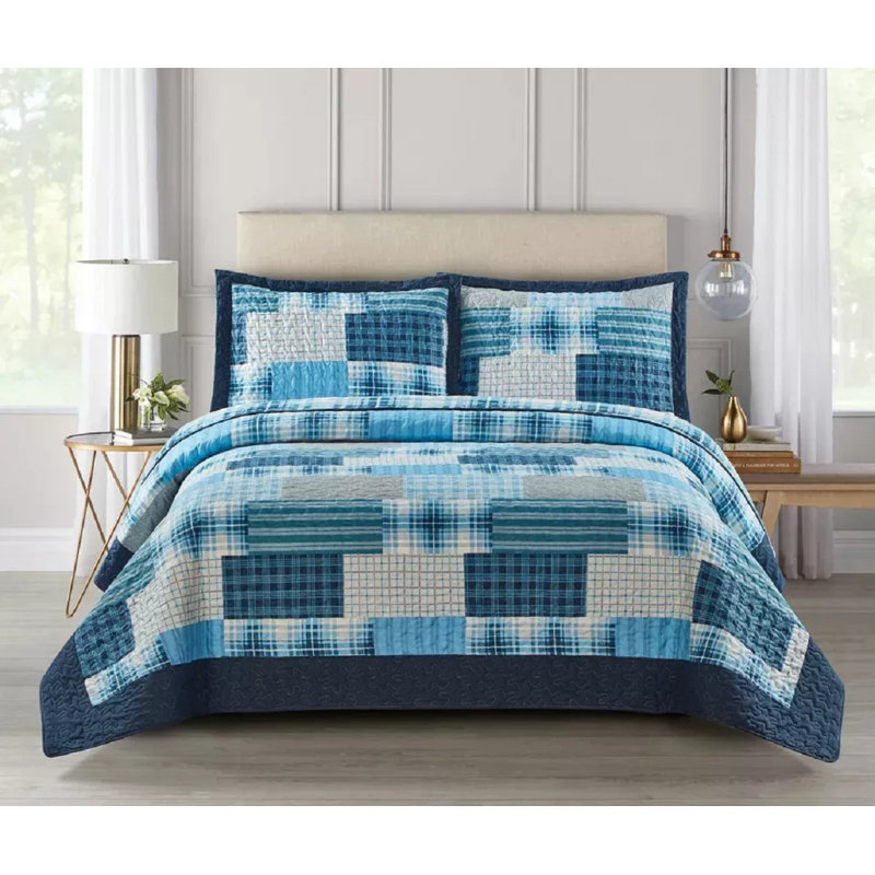 Newlin Polyester Patchwork Bedspread with Pillow Shams Included, Blue, 240 x 250 cm Bedspread - 2 Pillowcases