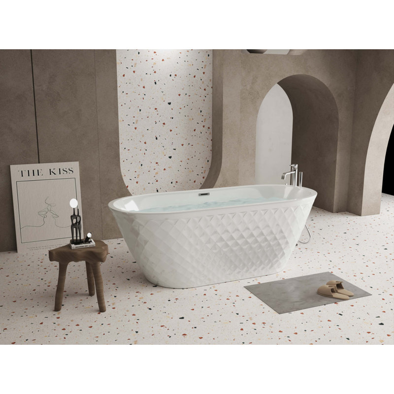 Baignoire autoportante 59 po en acrylique avec motif à losanges unique: forme ovale spacieuse, finition blanc brillant, trop-plein chromé et bonde escamotable