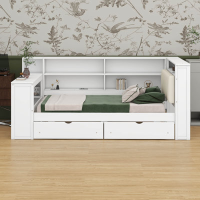 Lit plateforme en bois - tablettes de rangement, tiroirs, station de charge, bureau à DEL et tête de lit tapissier