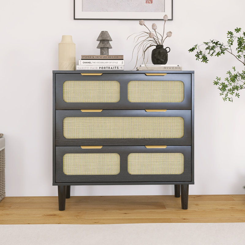 Commode moderne en rotin à 3 tiroirs, Marron foncé