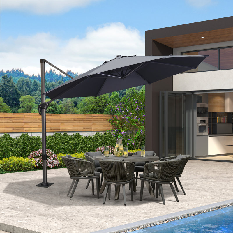 Parasol en porte-à-faux rond gris en aluminium avec base en acier Reynah, Gris