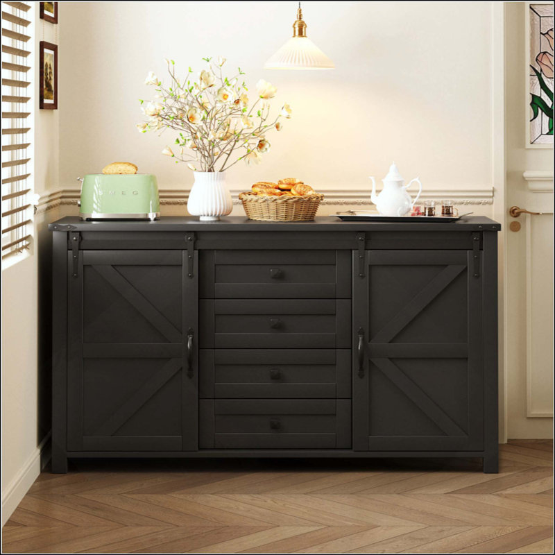 Sideboard With Storage,Farmhouse Storage Cabinet With Sliding Barn Doors And 4 Drawers, Wood Buffet Table With Power Outlet