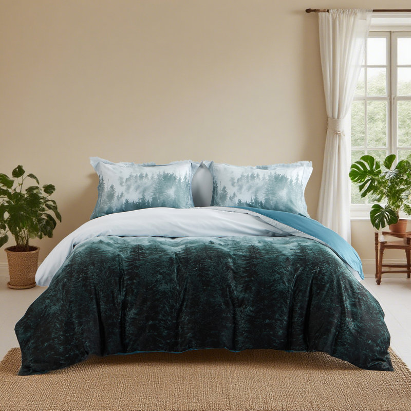Nerissa Luxury 100% Long Staple Cotton Mountain Duvet Cover – Blue Green Gradient Forest Print, OEKO-TEX Certified, Silky Sateen Weave for Dreamy Comfort