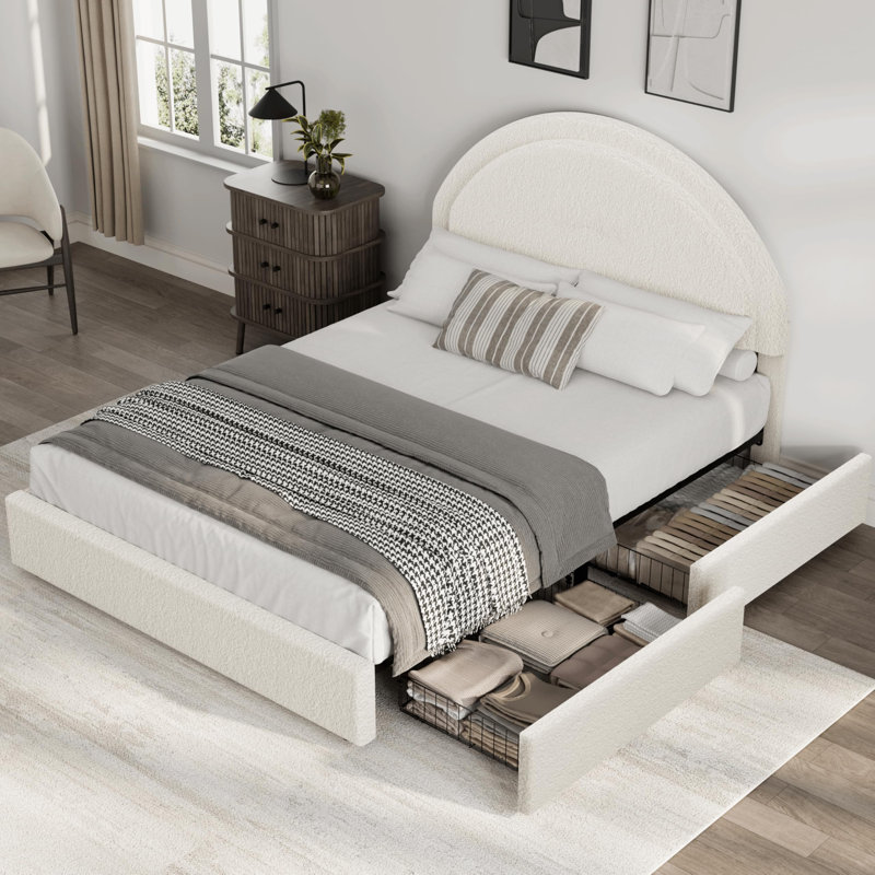 Bed Frame with Storage Drawers, Upholstered Boucle Platform Bed with Round Headboard, Beige, Queen