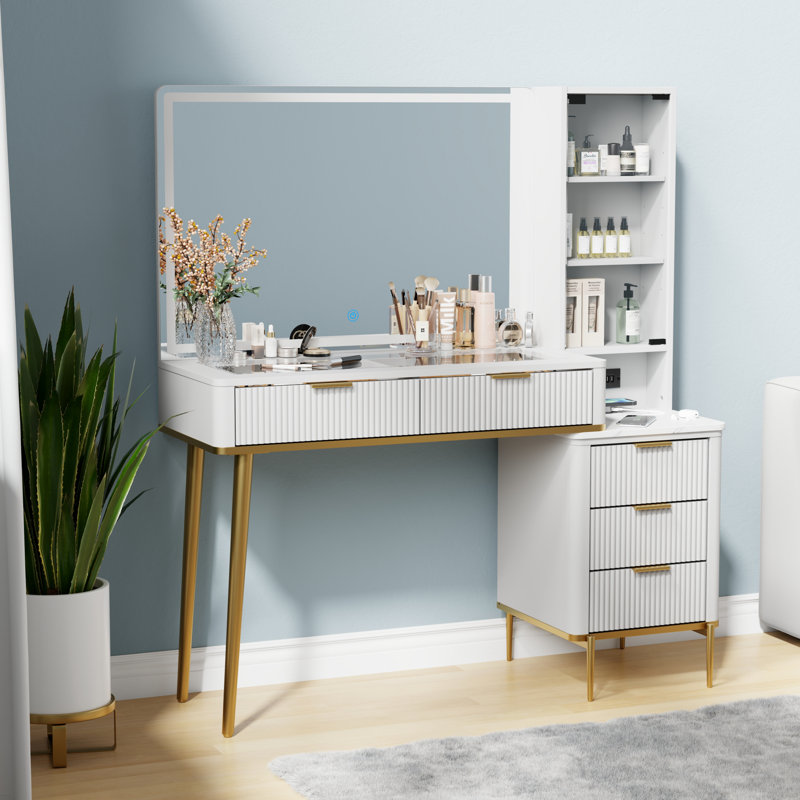 48" Vanity Desk With Hd Lighted Mirror & Glass Top, White