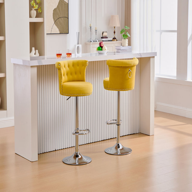 Ensemble de 2 tabourets de bar réglables en velours, pieds en métal plaqué argent, têtes de clou chromées, chaise d'appoint de base à hauteur de comptoir