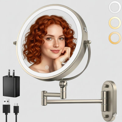Miroir de maquillage mural 9 po, miroir de grossissement 1X / 10X à double face rechargeable 4000Mah avec lumière, 3 lumières colorées, à intensité variable, miroir de maquillage mural à rotation prolongée sur 360 degrés