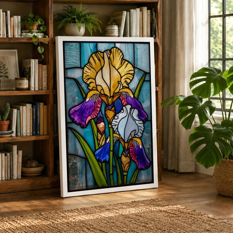 Iris in Stained Glass Botanical - Wrapped Canvas, 36x24 - 91.4 x 61.0 cm, Sage Border