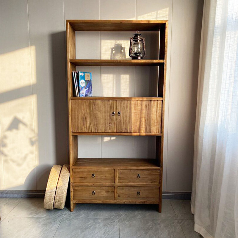 Modern Minimalist Old Elm Wood Five-Drawer Storage Floor-Standing Bookcase