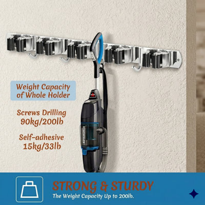 2 Pack Wall Mount Broom Holder Stainless Steel 5 Racks With 4 Hooks Broom Organizer Self Adhesive Heavy Duty Laundry Room, Garage Organization Storage