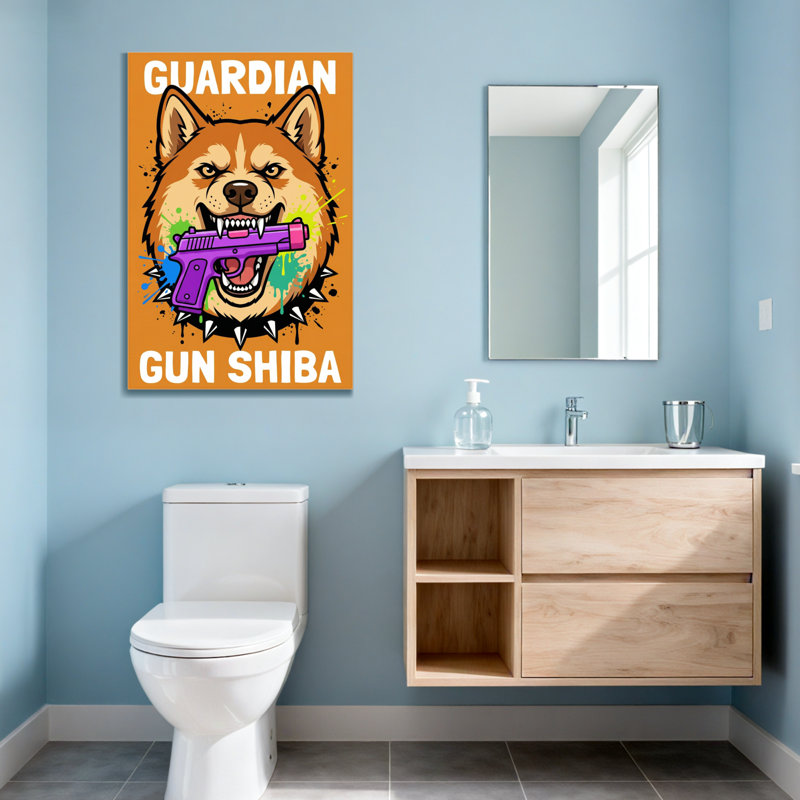 Chien Shiba avec pistolet et animaux, H 24 po x l 16 po