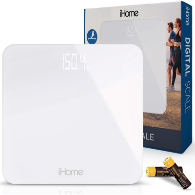 iHome Digital Bathroom Scale, White — 400 lb Capacity, Tempered Glass