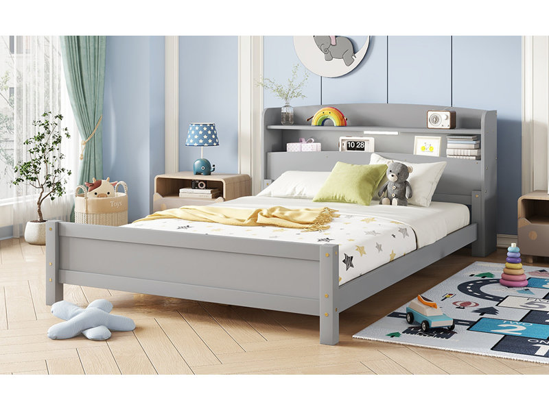 Marquece Wood Bed with Bookcase Headboard and LED Motion Sensor Light, Gray, Full