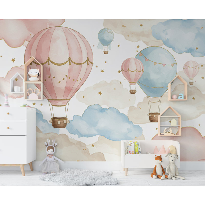 Ballon aquarelle nuage papier peint coloré chambre d'enfant Peel Stick Girl Room, L 145 po x l 100 po, Non tissé