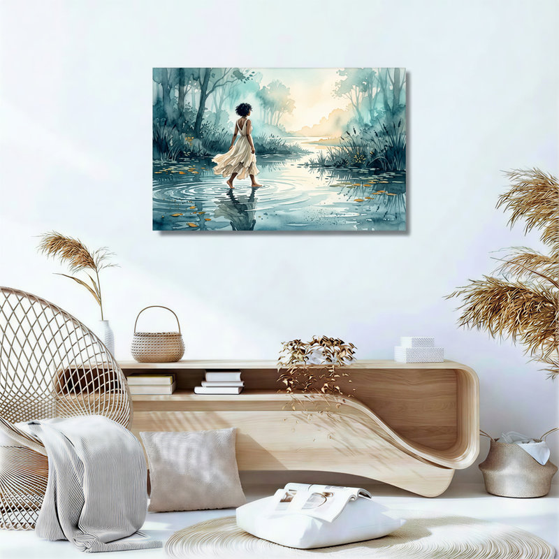 «Woman Walking in Blue Watercolor Stream Forest», art mural, 20"H x 30"W