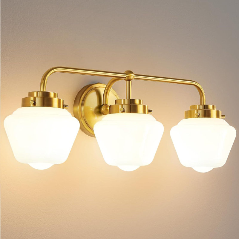 Luminaire de salle de bain moderne à 3 lumières avec abat-jour en verre blanc laiteux, base E26 pour éclairage doux au-dessus d'un miroir, finition dorée résistante à la corrosion