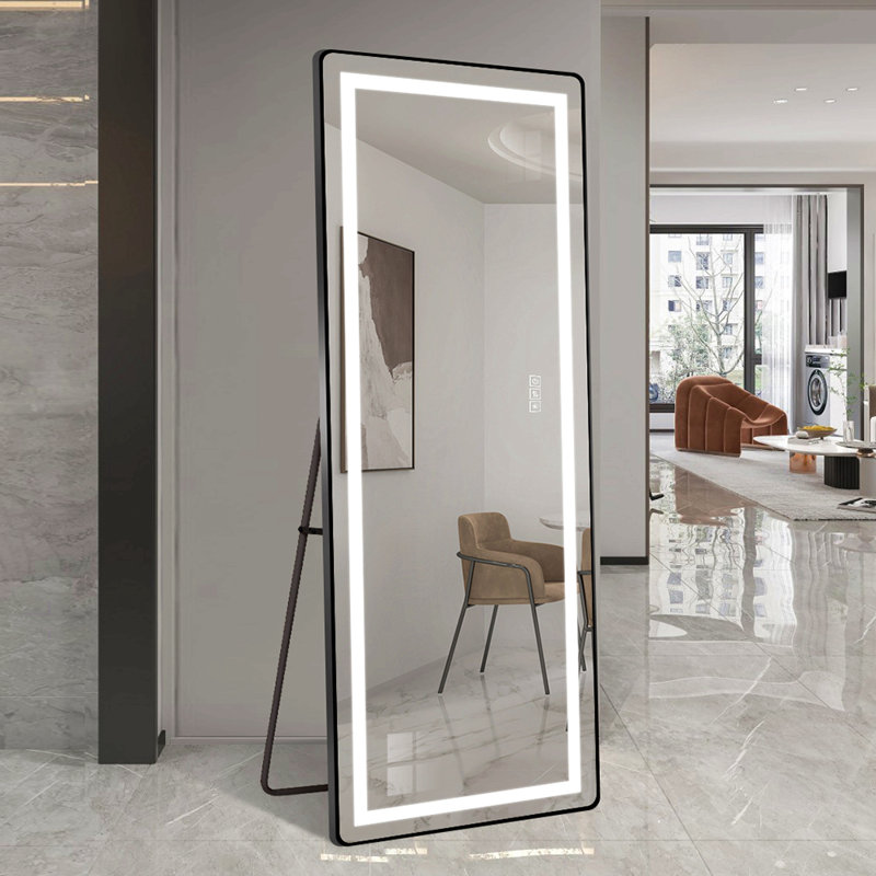 Miroir vertical de 64 po x 21 po pleine longueur avec lumière DEL, miroir de sol illuminé avec support, miroir mural avec cadre mince en alliage d'aluminium pleine longueur, noir