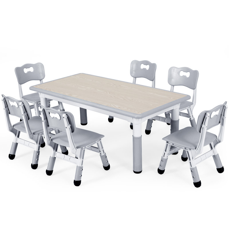 Kids Table and 6 Chairs Set, Height Adjustable Graffiti Desk, Preschool Activity Art Craft Table, for Daycare Classroom Home Boys and Girls Age 3-12 (Grey)