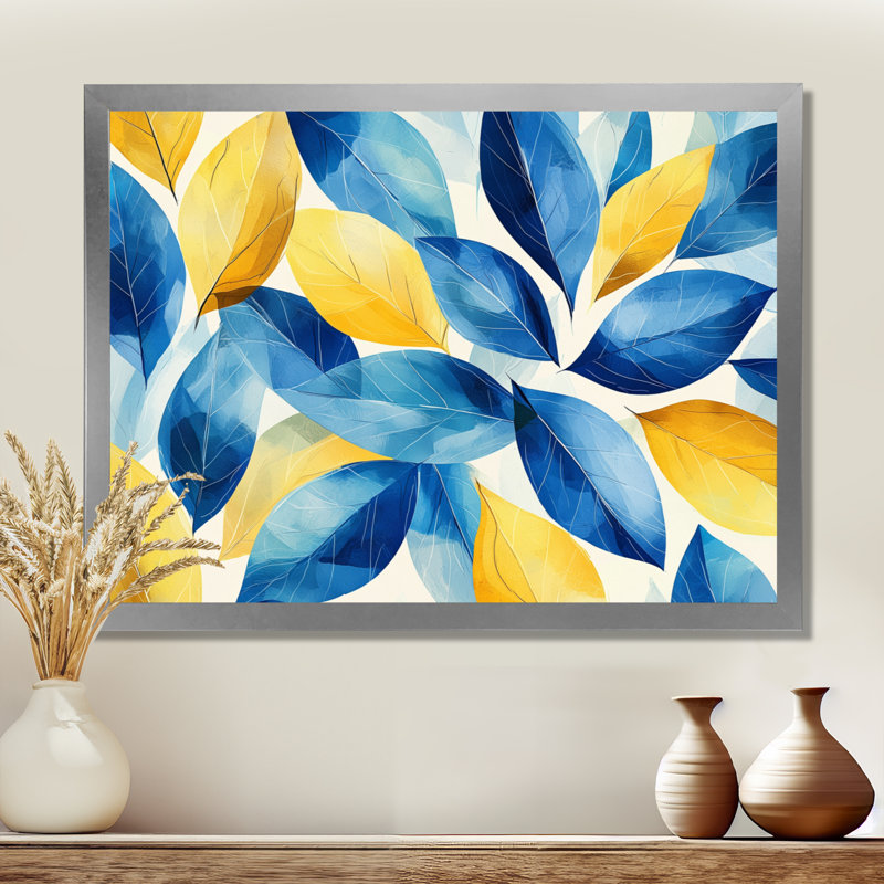 Bleu, jaune, numérique, feuilles, feuilles I - feuilles, art mural, H 30 po x l 40 po, Argent argent