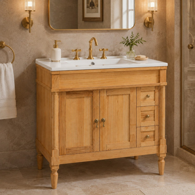 Meuble-lavabo de salle de bain de 91 cm (36 pouces) avec fini bois et pieds tournés