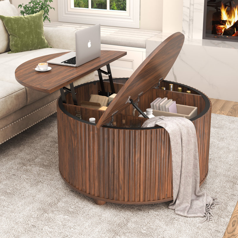 35 Inch Round Lift Top Coffee Table, Mid Century Modern Fluted Drum Wood Center Table with Hidden Storage, Walnut Accent Table for Living Room Apartment