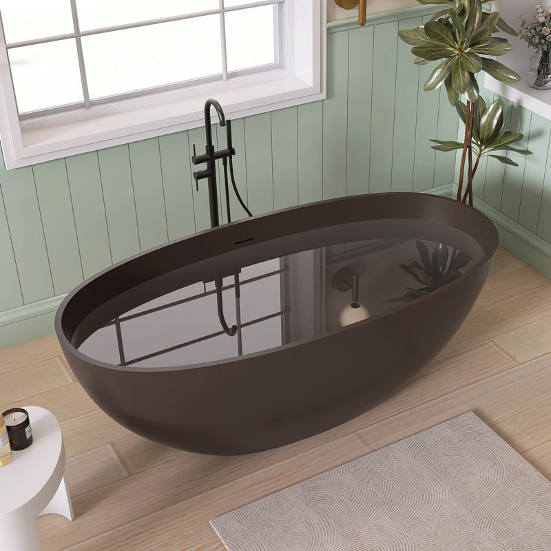 61'' Freestanding Soaking Solid Surface Bathtub, Brown