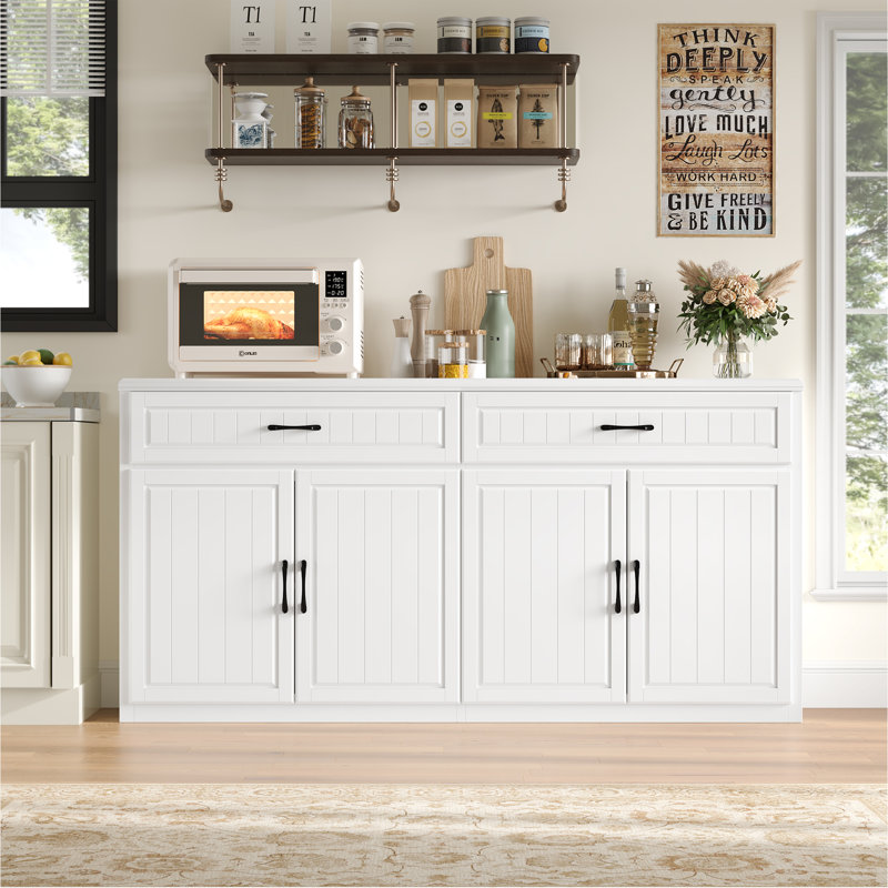 Buffet de 63 po avec rangement, buffet moderne avec tiroirs, grand buffet en bois pour la cuisine et le salon, Blanc
