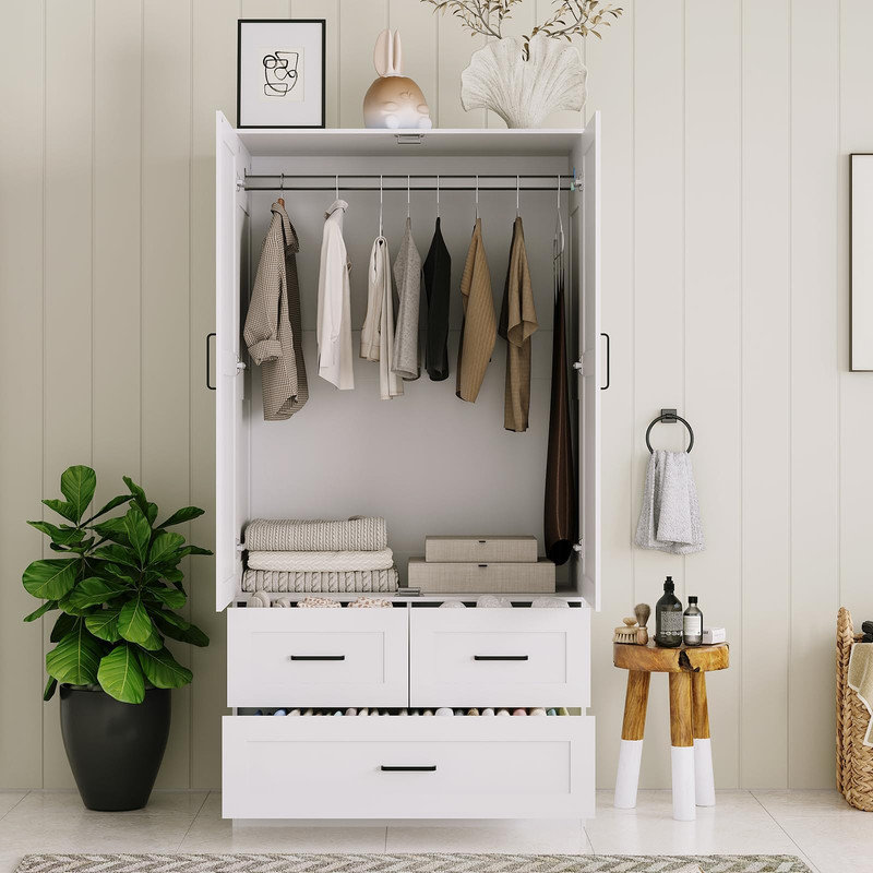 Tour de rangement autoportante en bois avec tringle et 3 tiroirs de rangement, White