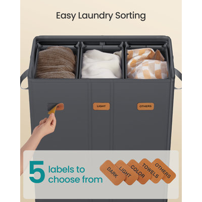 Panier à linge à 3 sections, 42,2 gallons (160 L), trieur de linge avec étiquettes, couvercle, sacs en tissu amovibles